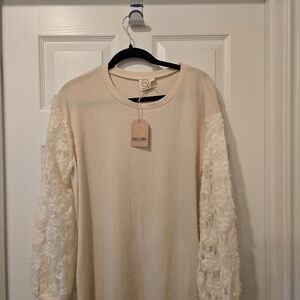 Lace & Co. Cream Blouse with Lace Sleeves